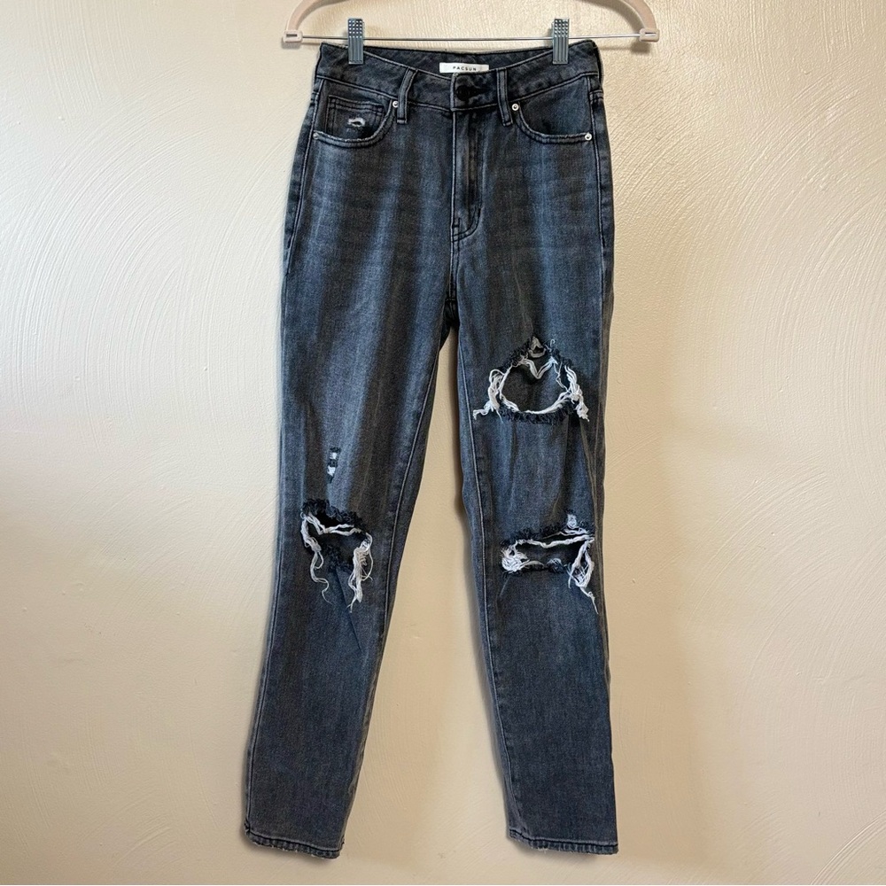 Pacsun Women’s Jeans Mom Distressed Holes 100% Cotton‎ Black Gray Size 23